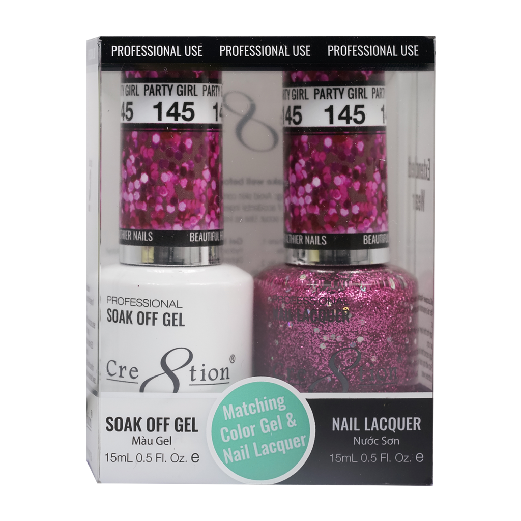 Cre8tion Matching Color Gel & Nail Lacquer 145 Party Girl (Glitter) - Treasure4nails