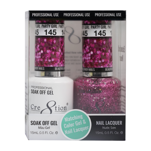 Cre8tion Matching Color Gel & Nail Lacquer 145 Party Girl (Glitter) - Treasure4nails